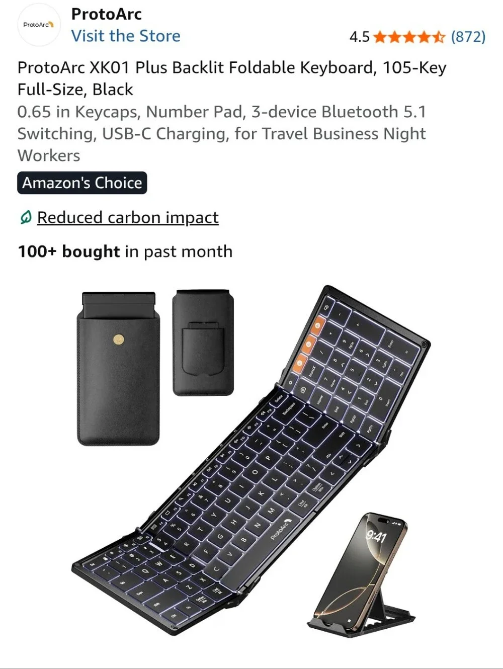 Backlit Tri-Fold Keyboard, Full-Size, Black, Number Pad